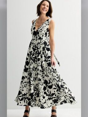 Laurel Grey Black White Cotton Floral V-Neck Maxi Dress, Size 14